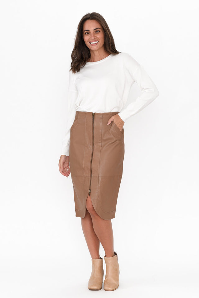 Stella Brown Leather Curved Hem Skirt image 2