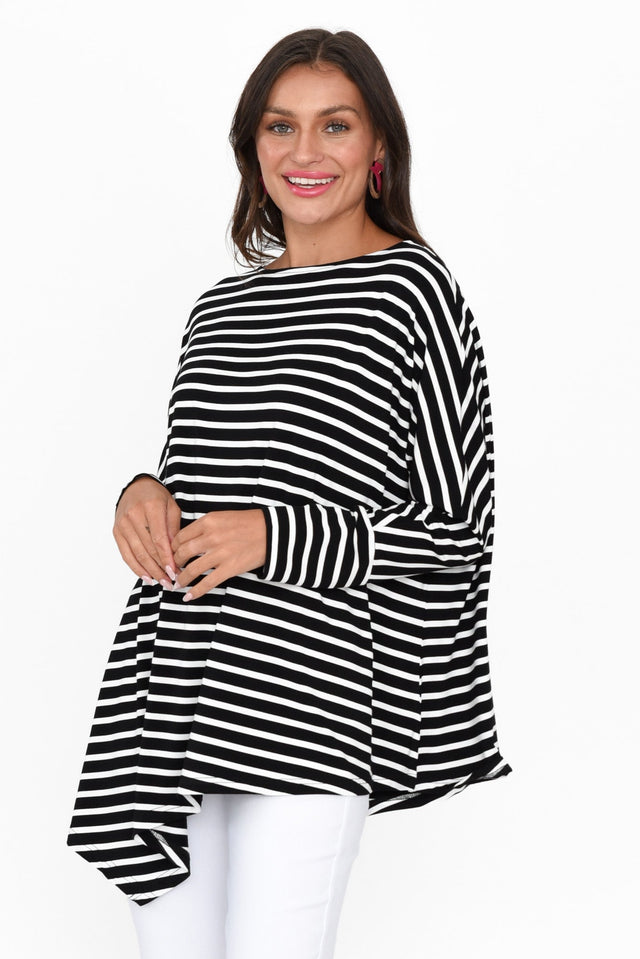 Susie Black Stripe Asymmetrical Bamboo Top neckline_Round   alt text|model:Brontie