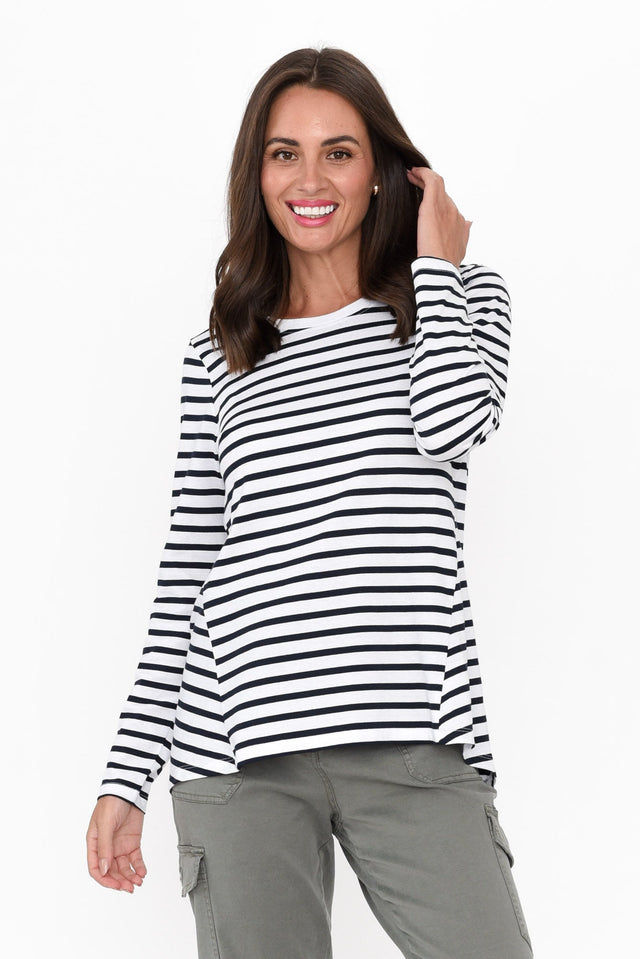 Sydney Blue Stripe Cotton Tee neckline_Round   alt text|model:MJ image 1