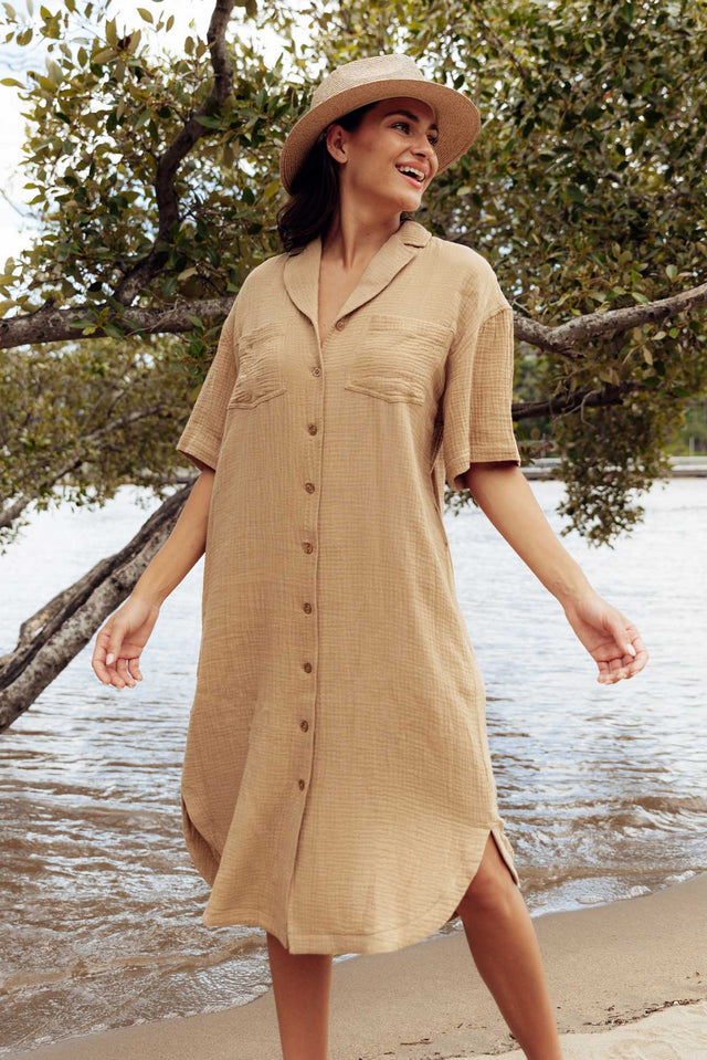 Tahiti Beige Cotton Gauze Tie Dress image 1