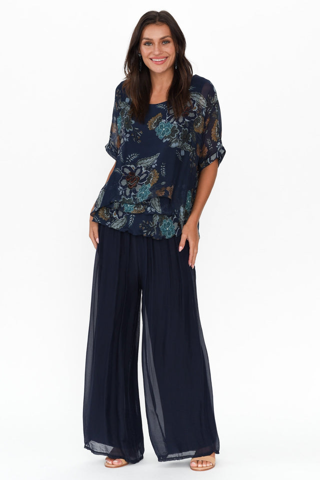 Talia Navy Flower Silk Layer Top image 2