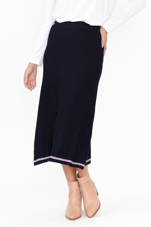 Tammy Navy Knit Skirt length_Midi print_Plain hem_Straight colour_Navy SKIRTS   alt text|model:MJ image 1