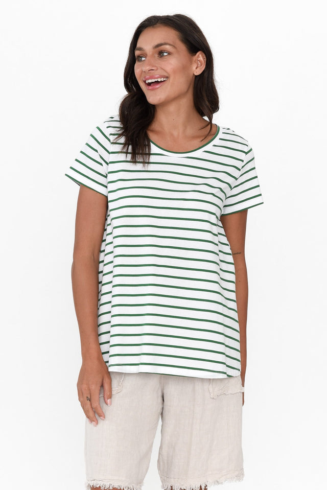 Tegan Green Stripe Cotton Swing Tee neckline_Round  alt text|model:Brontie;wearing:US 4