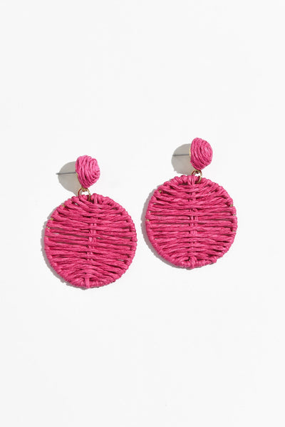 Theora Hot Pink Rattan Disc Earrings