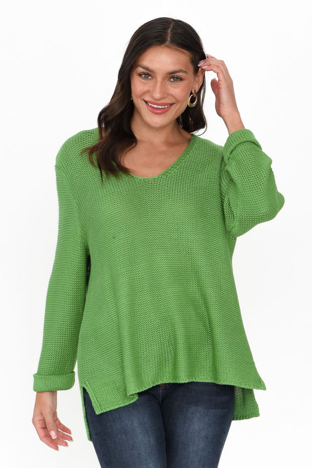 Toulouse Green Cotton Jumper unknown high-low print_Plain sleeve_Long colour_Green JUMPERS  alt text|model:Brontie;wearing:S/M image 2