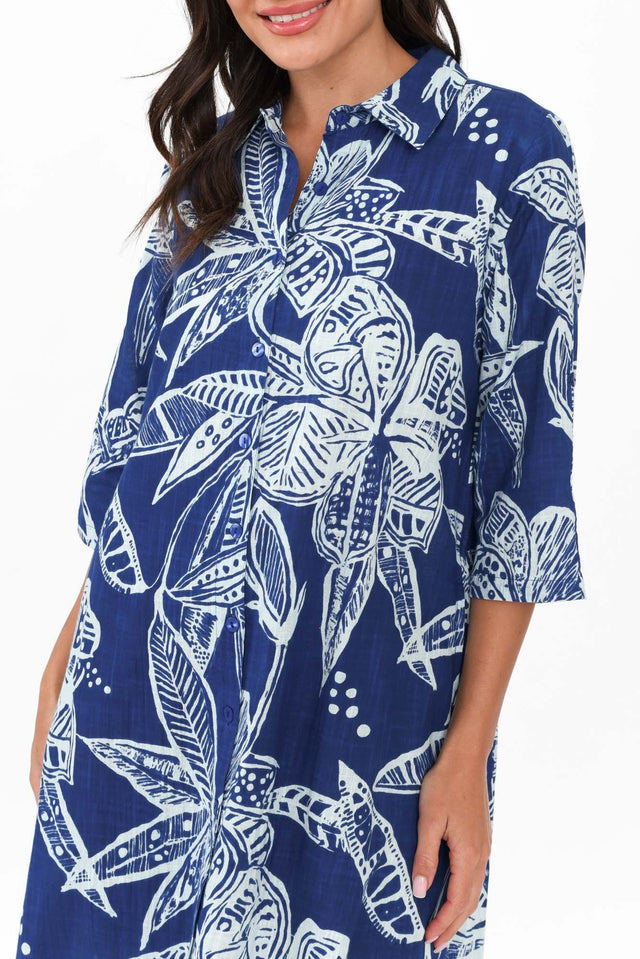 Tricia Blue Tropical Cotton Shirt Dress image 5