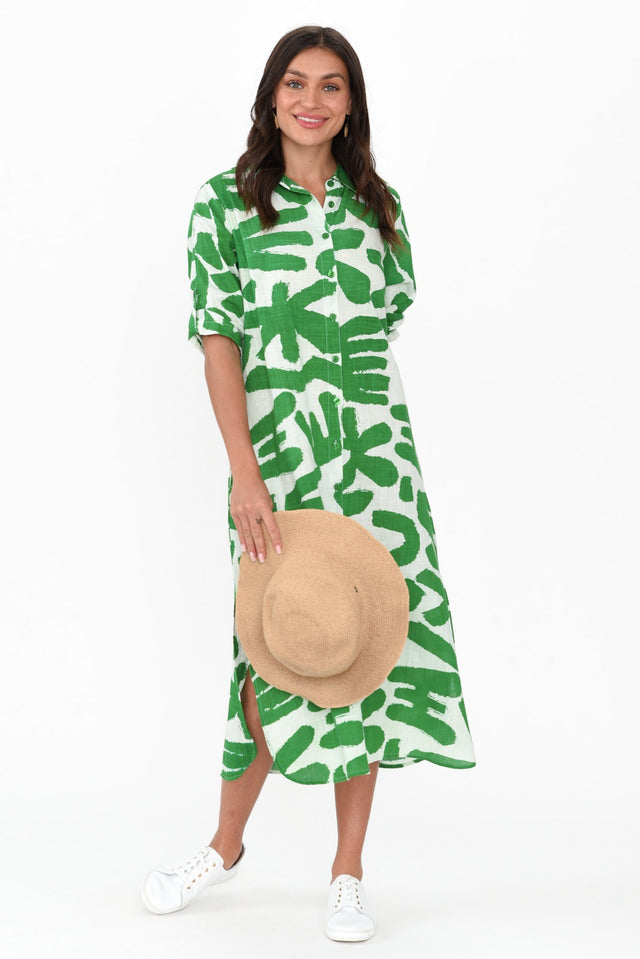 Tricia Green Abstract Cotton Shirt Dress hem_Straight length_Midi sleeve_Half neckline_V Neck sleevetype_Straight print_Abstract colour_Green DRESSES   alt text|model:Brontie;wearing:US 4 image 2