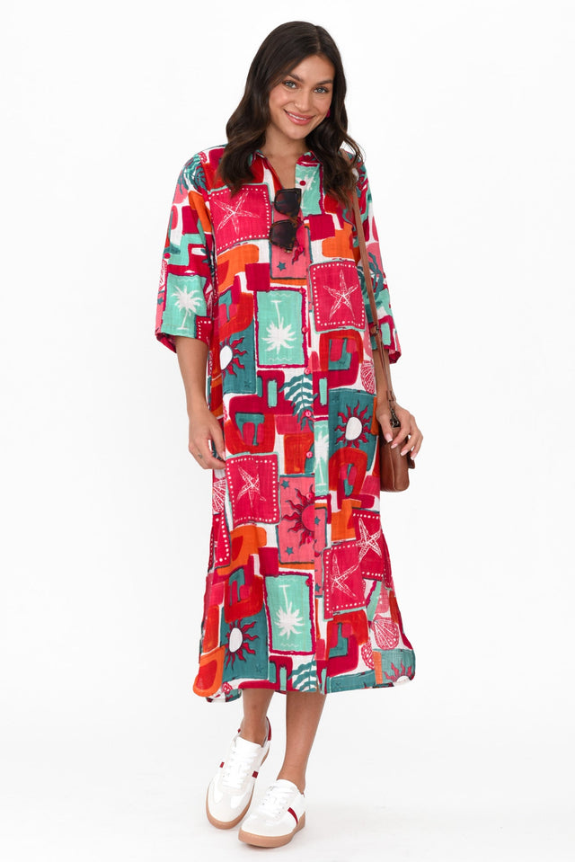 Tricia Pink Patchwork Cotton Shirt Dress hem_Straight length_Midi sleeve_3/4 neckline_V Neck sleevetype_Straight print_Abstract colour_Red DRESSES   alt text|model:Brontie;wearing:US 4 image 1