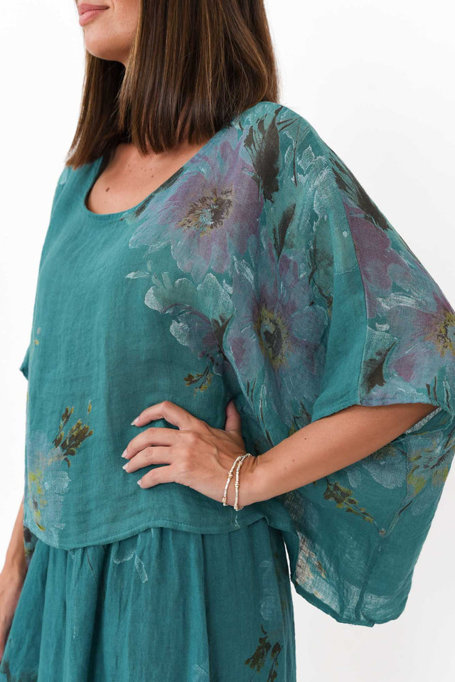 Turner Teal Floral Linen Scoop Neck Top