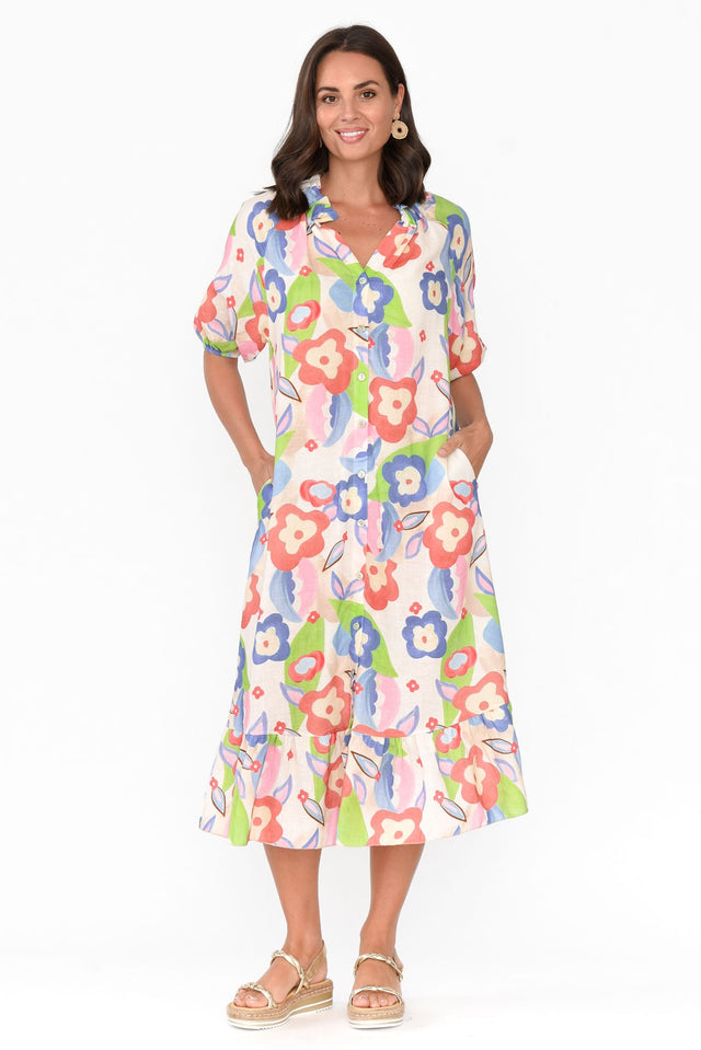 Ulla Blue Floral Linen Cotton Dress