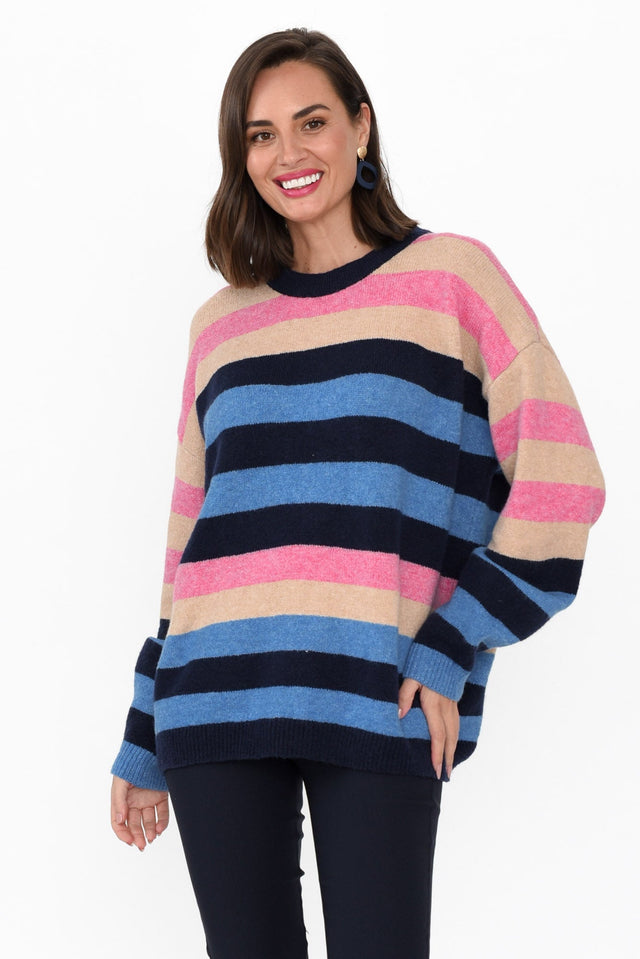 Valeria Blue Stripe Knit Jumper neckline_Round hem_Straight print_Stripe sleeve_Long colour_Blue JUMPERS  alt text|model:
MJ;wearing:S