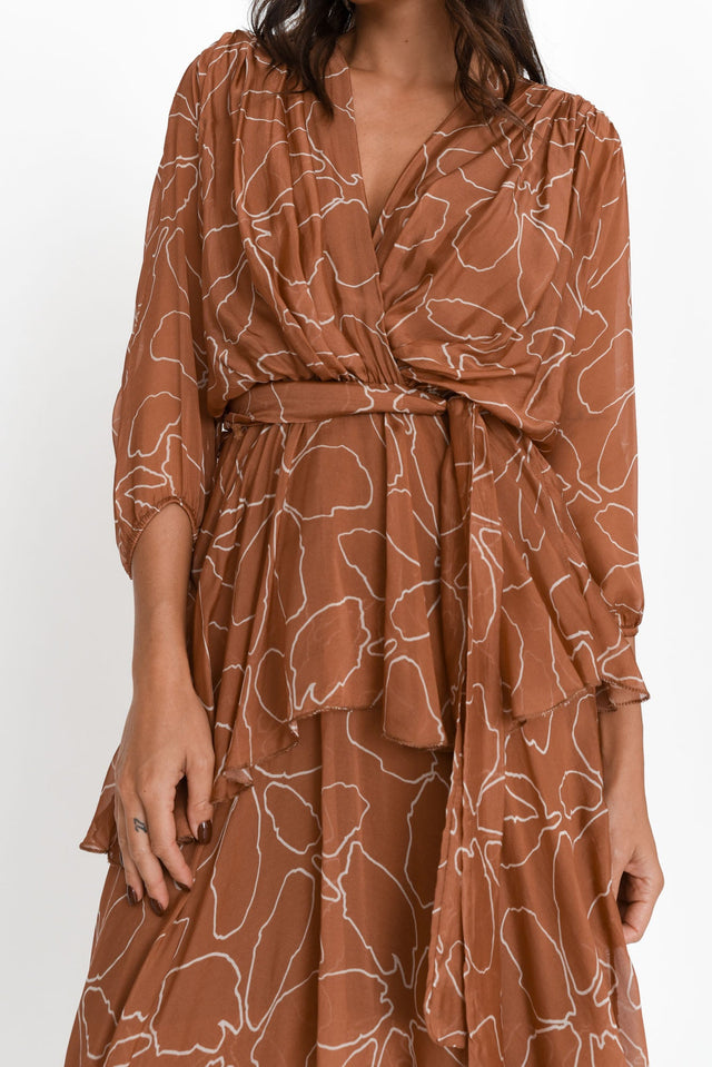 Victoria Rust Bloom Silk V Neck Dress