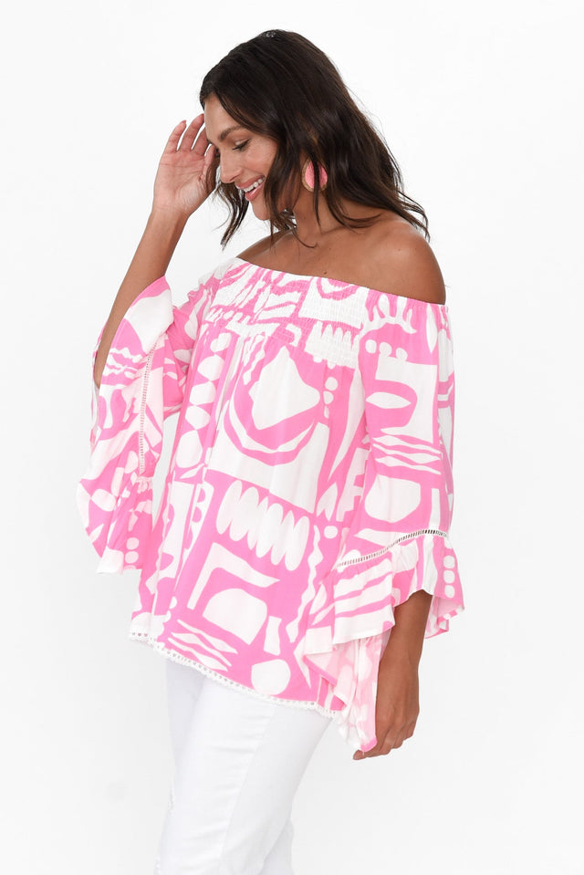 Violet Pink Abstract Bell Sleeve Top