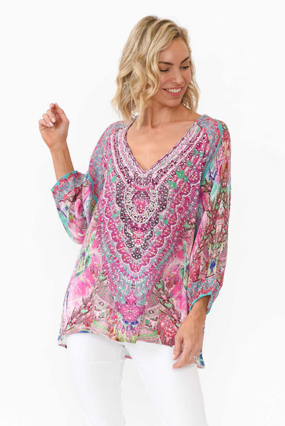 Zahara Pink Silk Gypsy Top neckline_V Neck   alt text|model:Anna