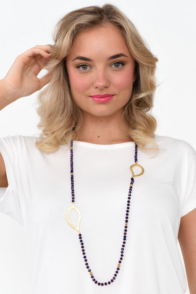 Zaire Navy Beaded Leaf Necklace image 2