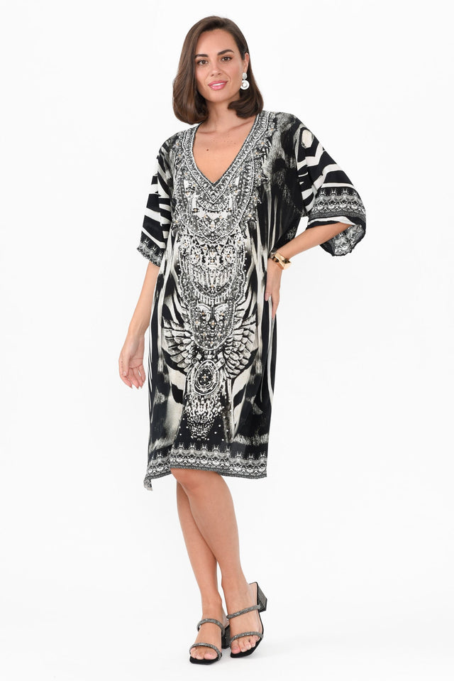 Zulu Black Silk Dress hem_Straight length_Below Knee sleeve_Half neckline_V Neck sleevetype_Batwing print_Animal colour_Black DRESSES  alt text|model:MJ;wearing:One Size